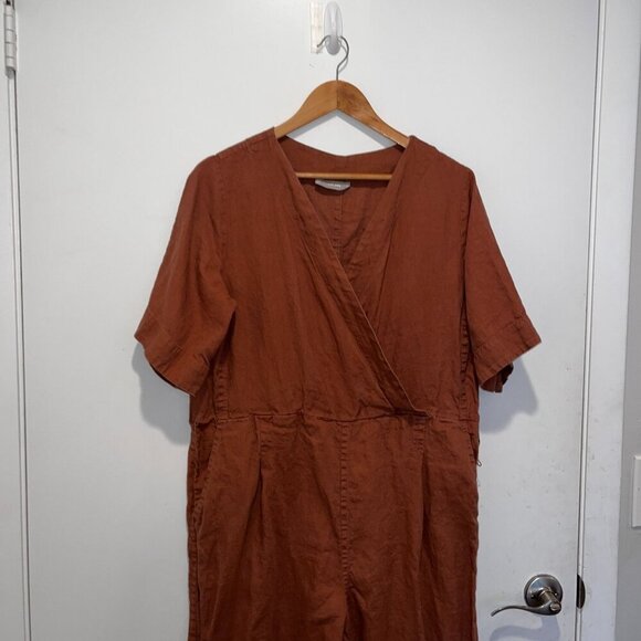 Everlane Rust Brown Linen Wrap Short Sleeves & Wide Legs Women's Jumpsuit Size 1 - Picture 2 of 10
